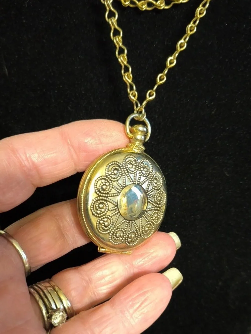 Vintage Avon Gold-Tone Filigree Locket Necklace with Amber Stone